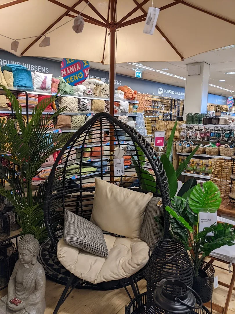 Xenos Nunspeet — Winkelinterieur met hangstoel en plantendecoratie